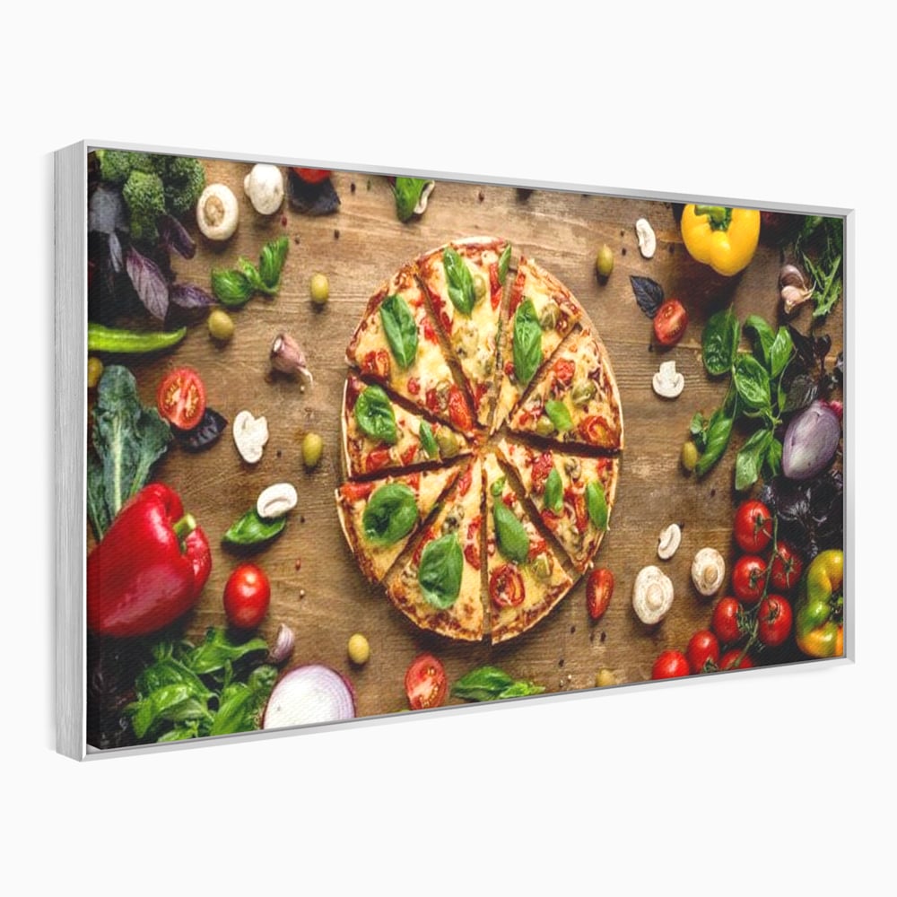 Tablou canvas cu tablou canvas cu pizza si legume, in rama de aluminiu argintiu